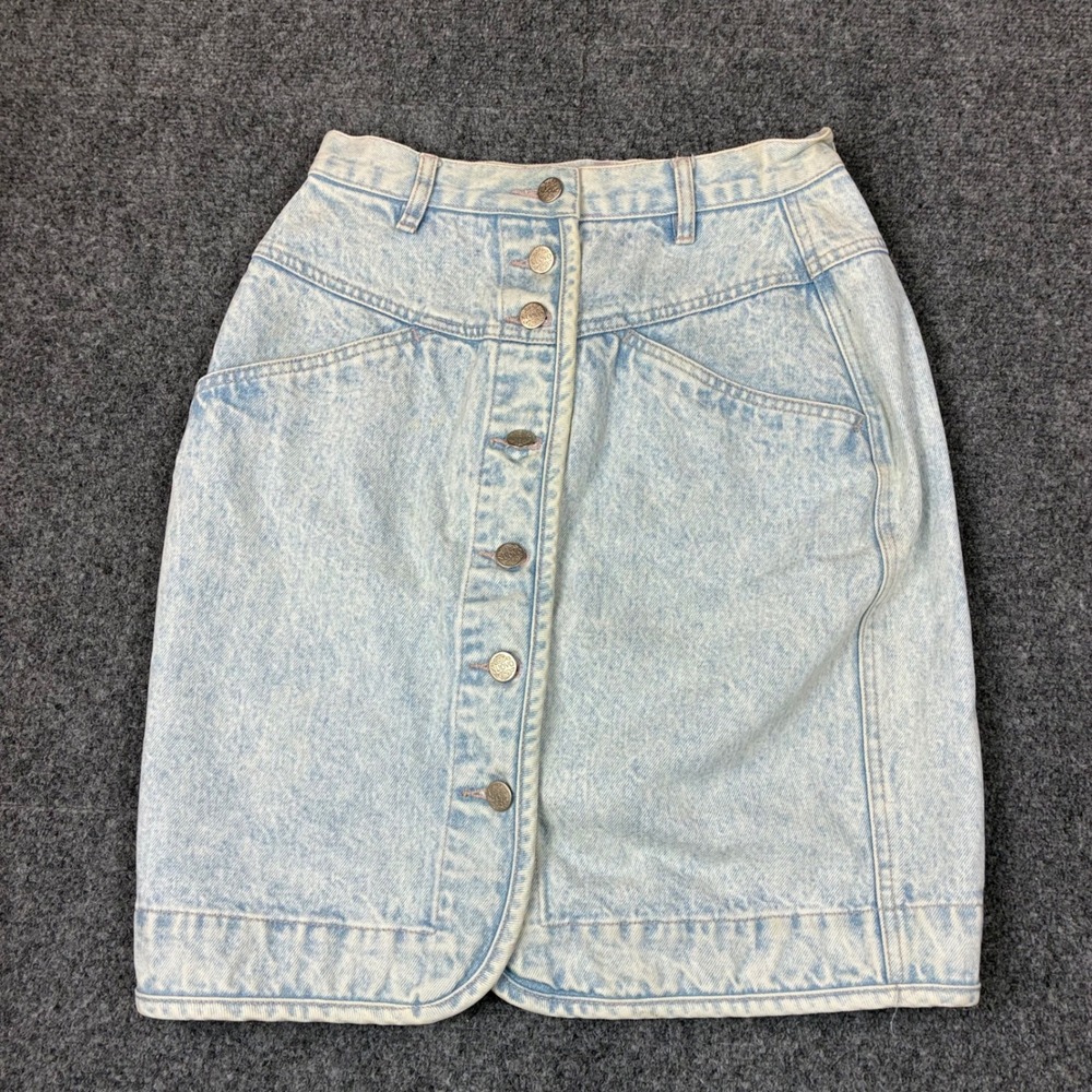 Vintage Nuovo Acid Wash‎ Denim Mini Skirt Button Front High Waist Blue Size 9